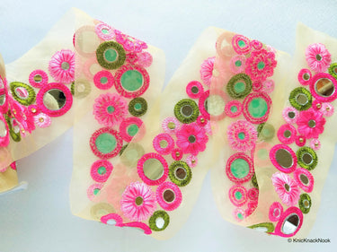 Gold Sheer Tissue Fabric Trim With Red / Pink / Coral And Green Circles and Floral Embroidery With Mirror Embellishments, Approx. 65mm